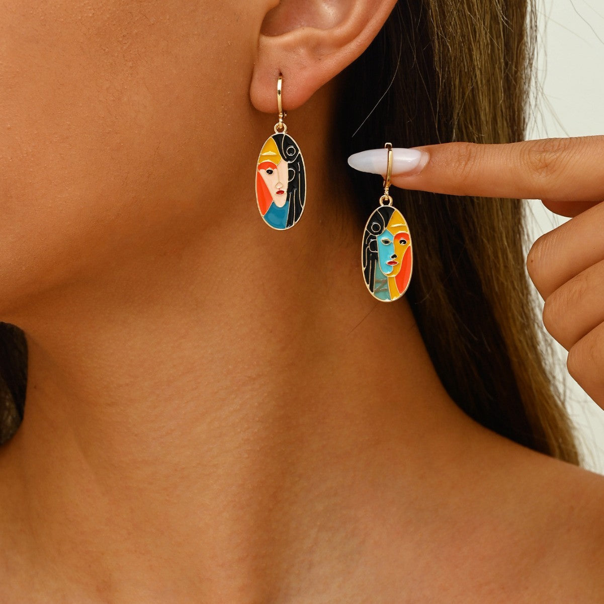Wholesale retro abstract face drop oil color  contrast color earrings