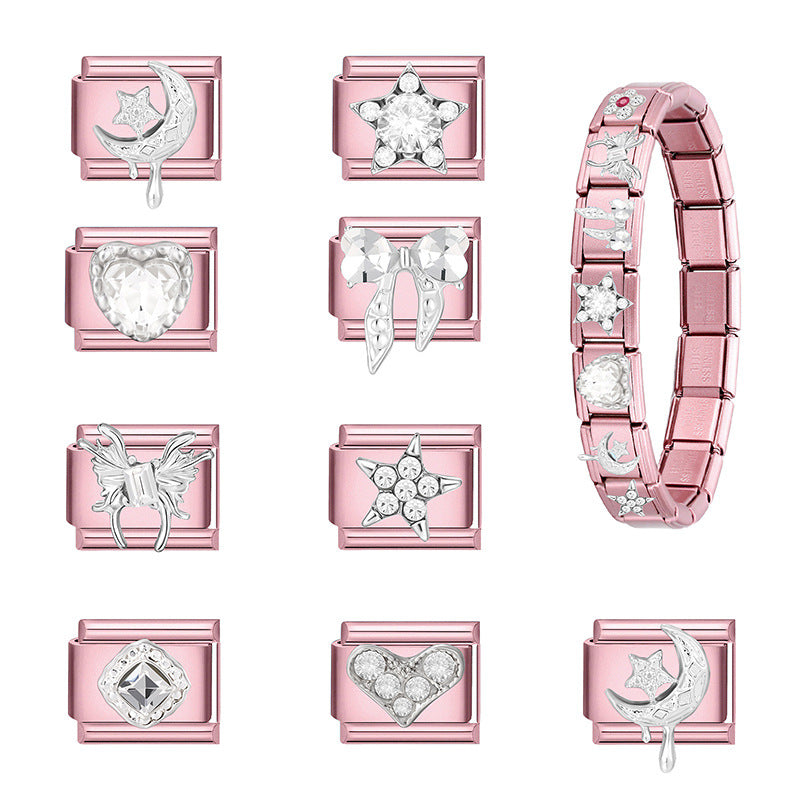 Wholesale 9mm Italian Charm Starter Bracelets pink series  DIY  Single Section Creative Stainless Steel Composable Bracelet