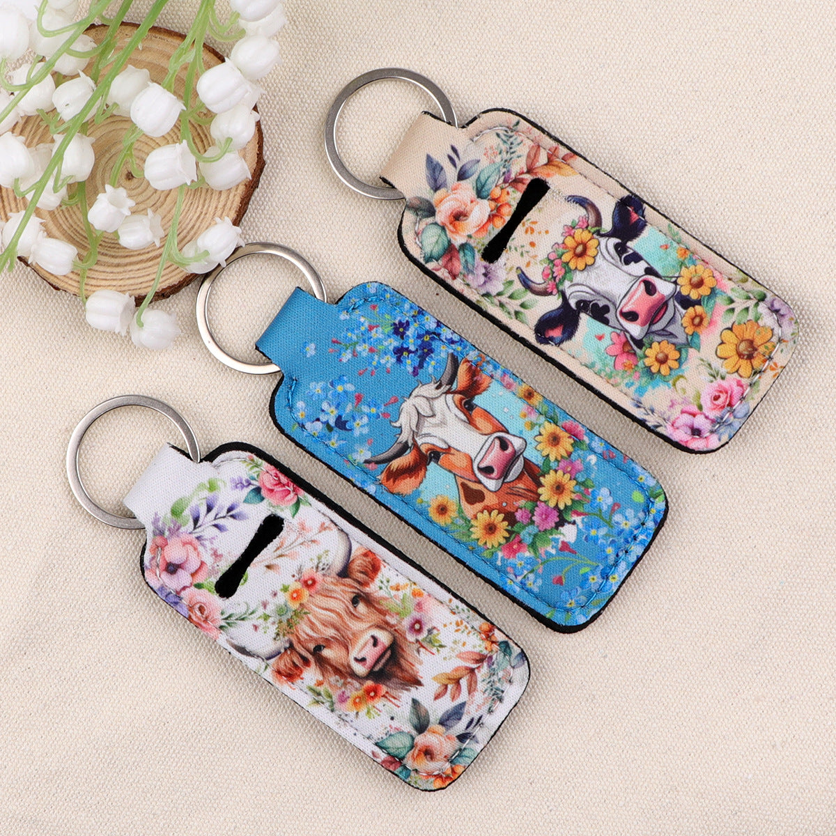 Wholesale 6pcs Cartoon Animal Cow Lipstick Case Keychain