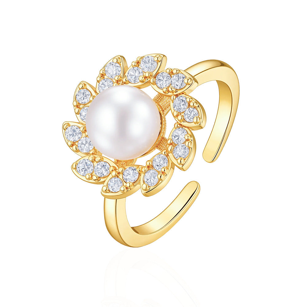 Wholesale Pearl Zircon Flower Open Ring Stylish Women S Gold Copper Fashion Jewelry Everyday Wear Accessory