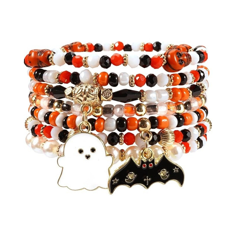 Wholesale Stylish Polymer Clay Beaded Bracelet Set,   White Ghost Theme,  7-Piece Jewelry Accessory for Boutique Resale