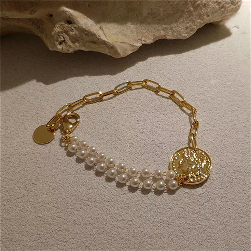 Wholesale Asymmetric Round Coin Head Pendant Pearl Bracelet ACC-BT-zhiyu011