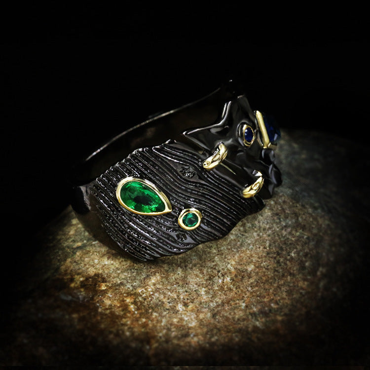 Wholesale  black gold three-piece set embossed ring black color stone ethnic retro style necklace