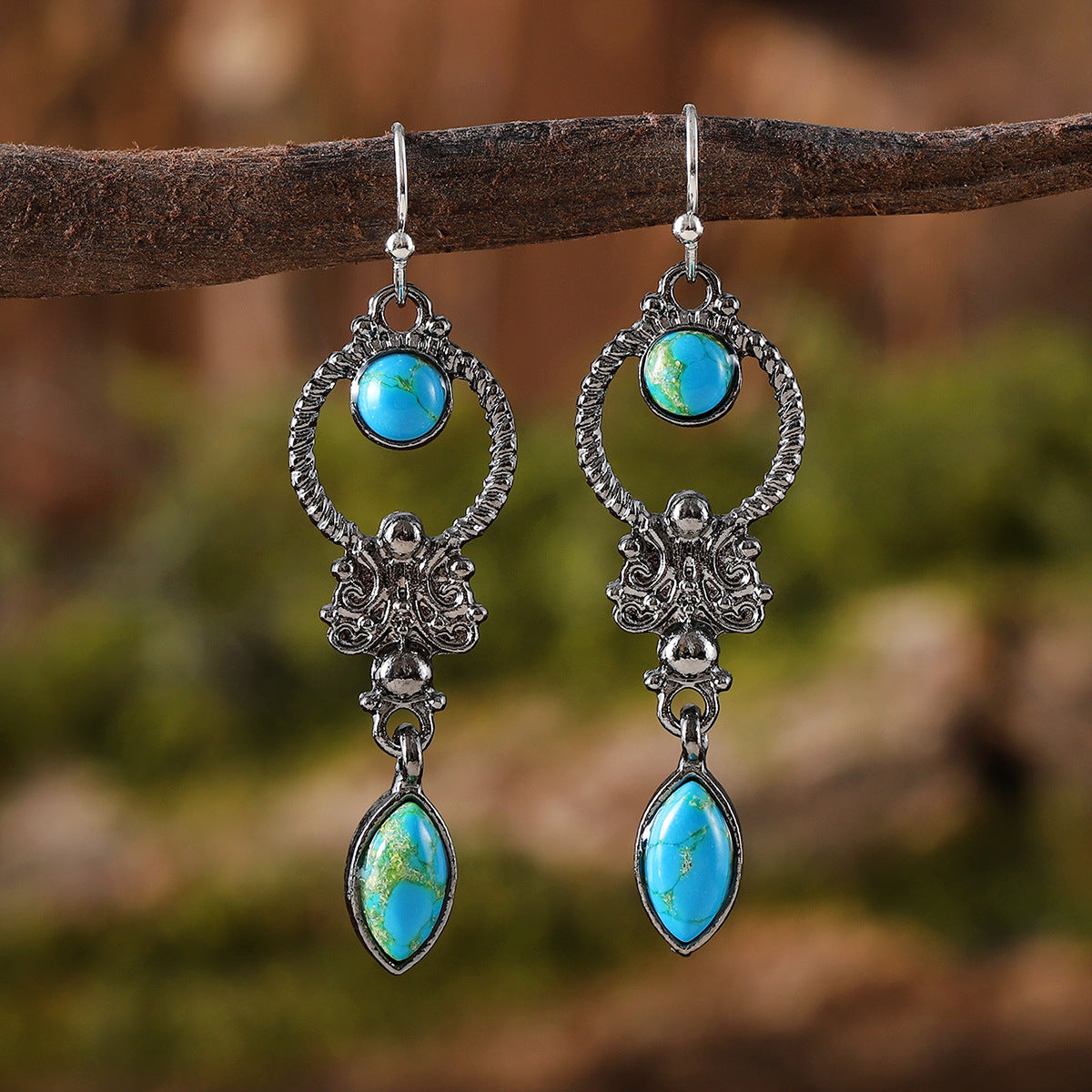 Wholesale European and American Fashion Retro Turquoise Geometric Pendant Earrings Women' s Exquisite and Elegant Versatile Elegant Ear Jewelry
