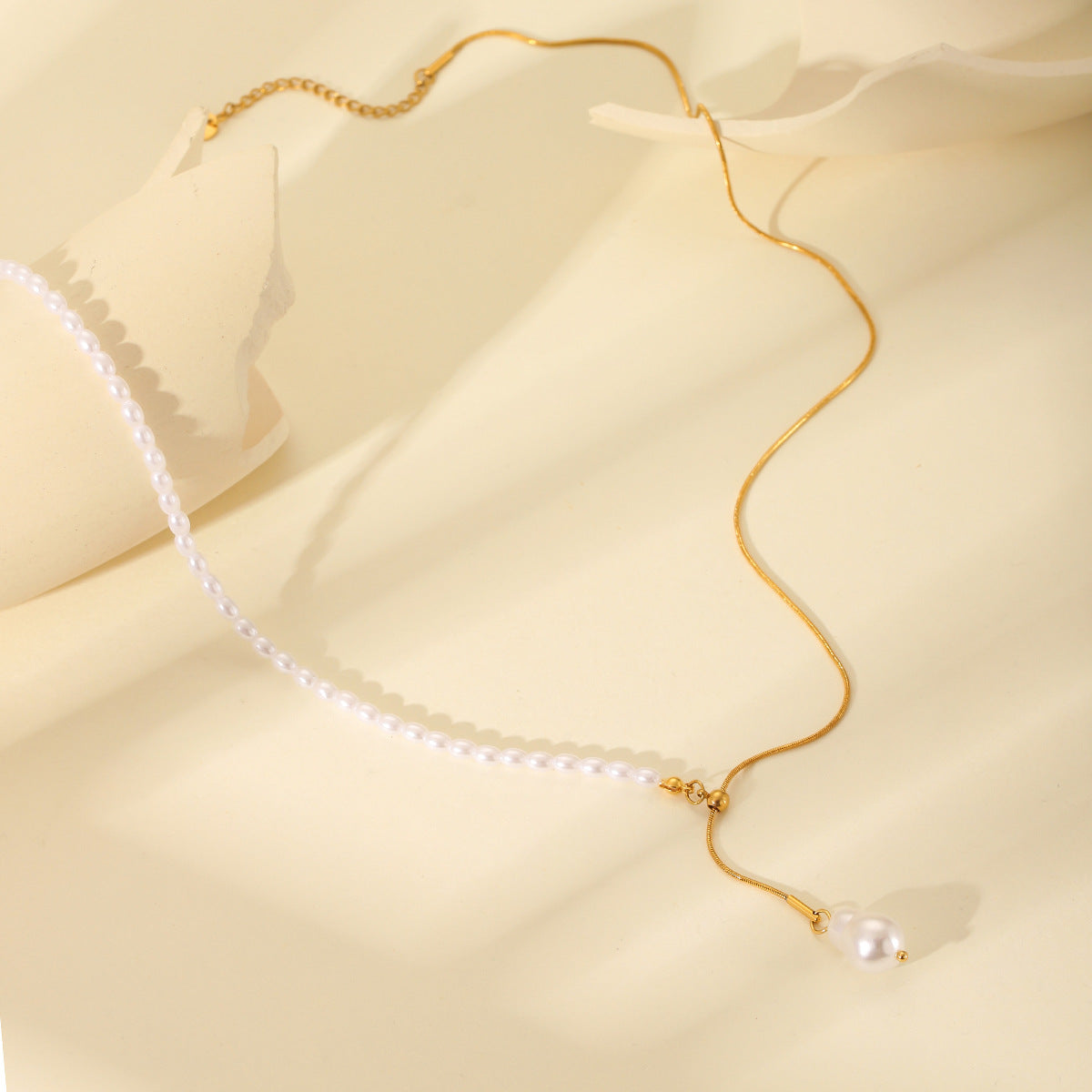 Wholesale pearl chain splicing round snake chain pull-out stainless steel necklace