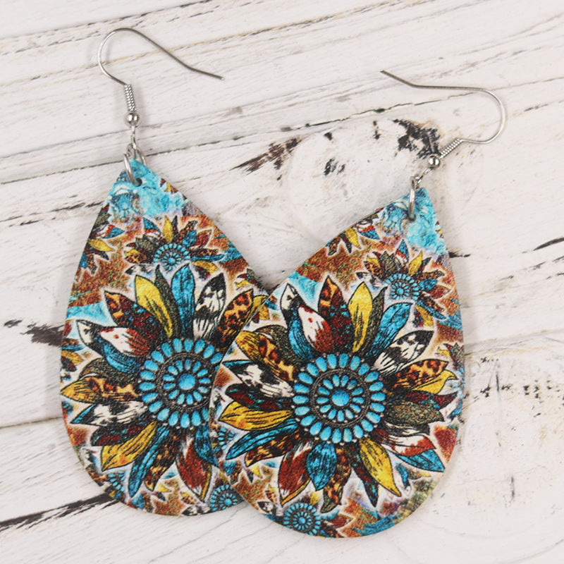 Wholesale Bohemian Style Old Vintage Sunflower  Teardrop Shape PU Leather Earrings