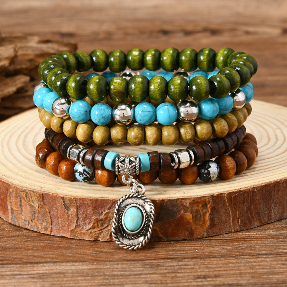 Wholesale Bohemian Style nut Shell Wooden Beads Turquoise Handmade Bracelet