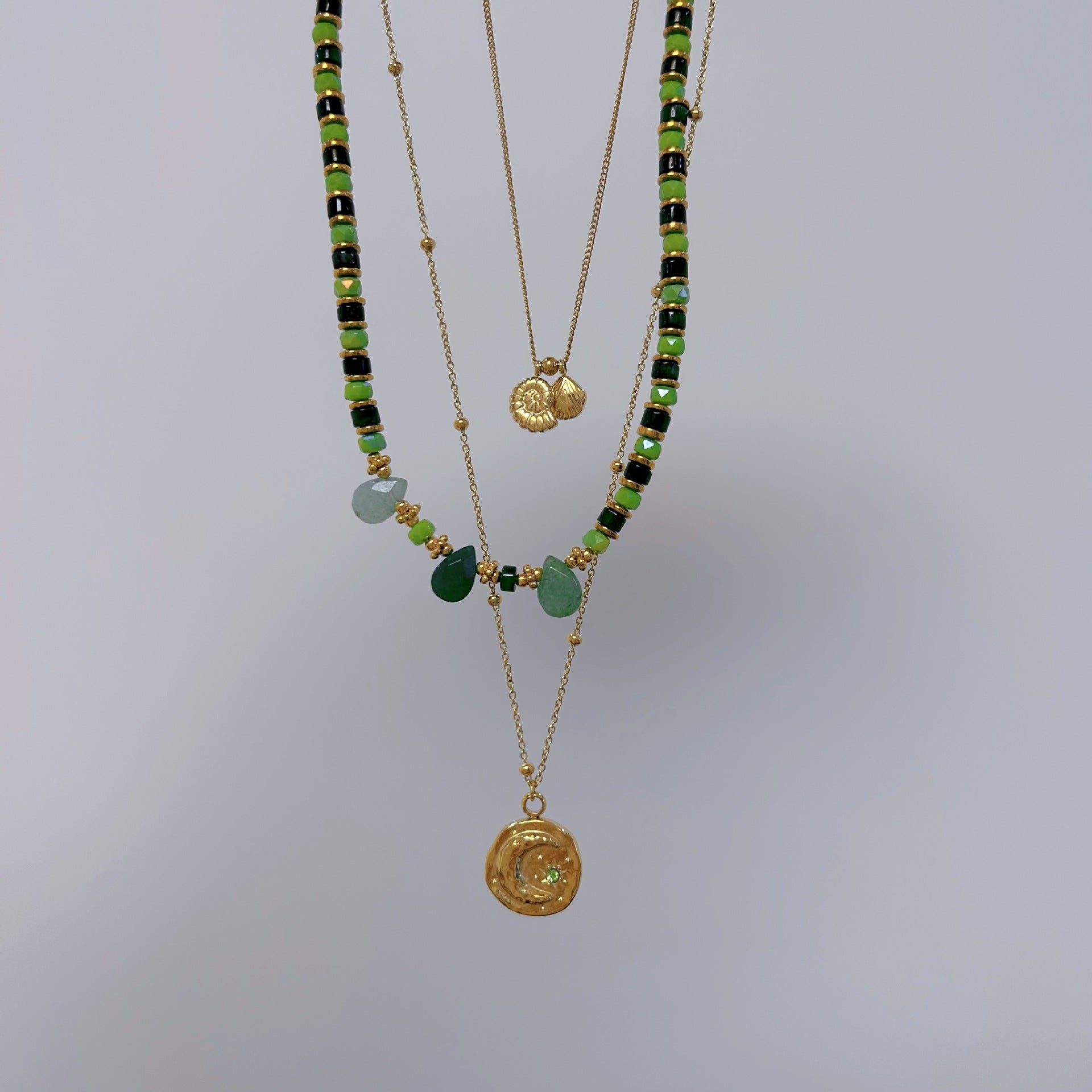 Wholesale Natural Stone Steel Beaded Necklace  Moon Pendant Stainless steel Necklace