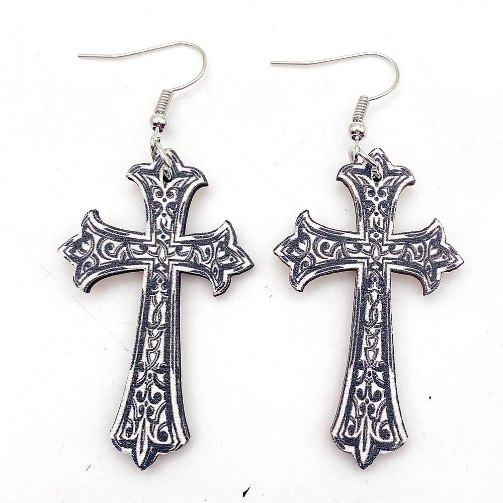 Wholesale  Wooden Earrings Cross Baroque Dark Embossed Gothic Style Earrings