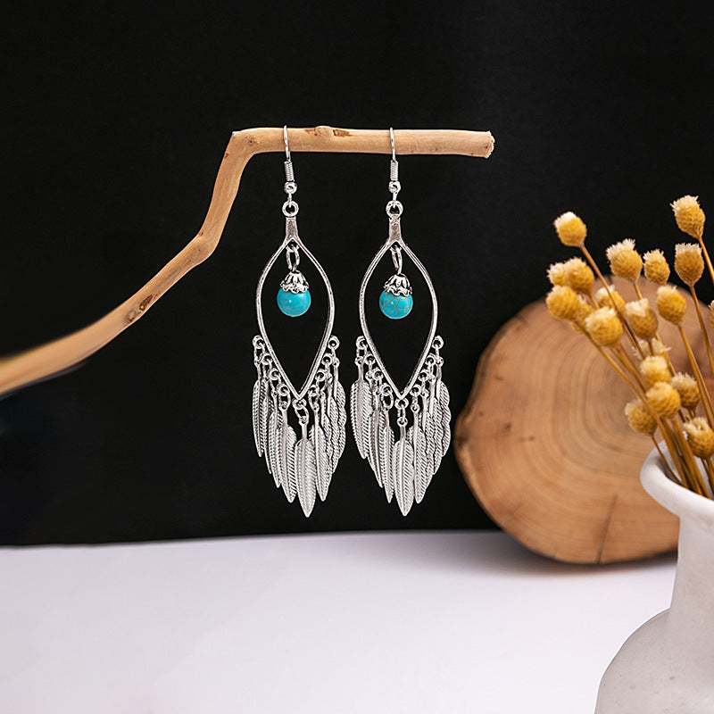 Wholesale Retro Ethnic Style Blue Turquoise Hollow Ring Flower Tassel Earrings Jewelry Accessory