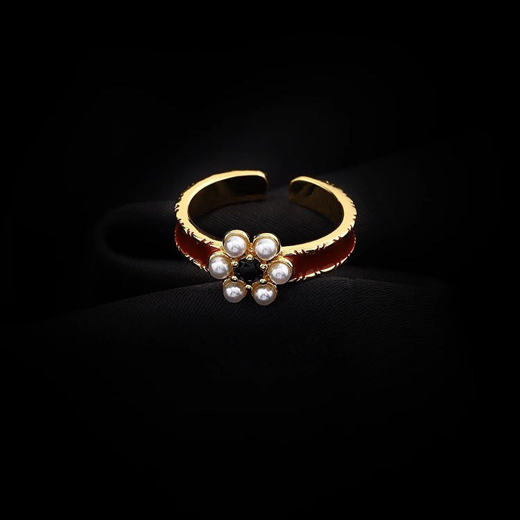Wholesale Red Blood Oil Vintage Maillard Enamel Pearl Flower Elegant Court Style Opening Adjustable Ring