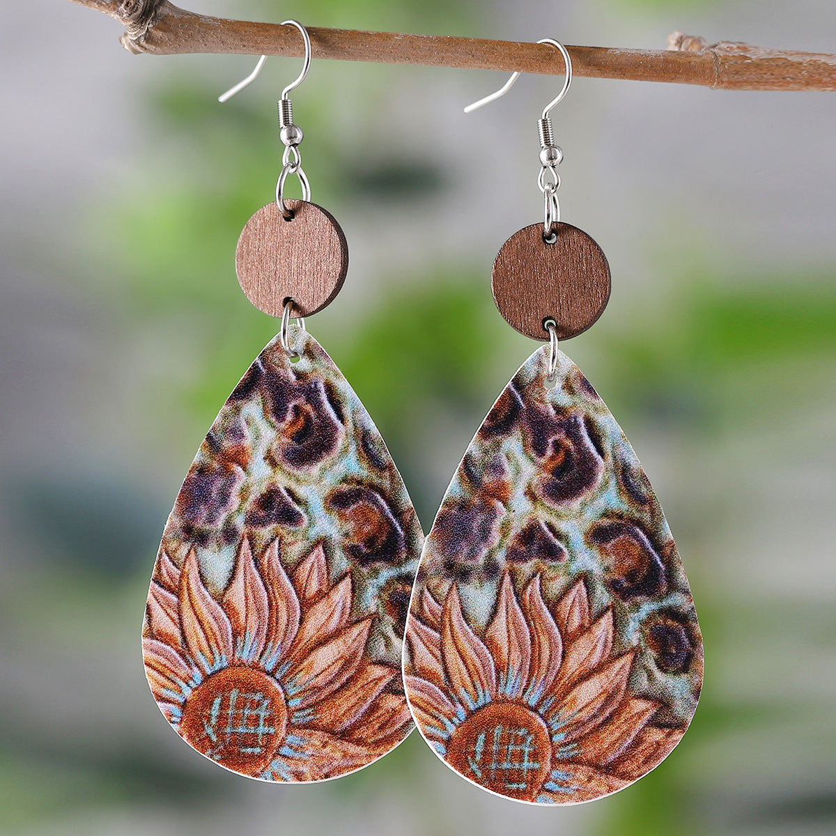 Wholesale Sunflower Cactus Water Drop Wood Leather Double Sided Earrings ACC-ES-ChuLian110