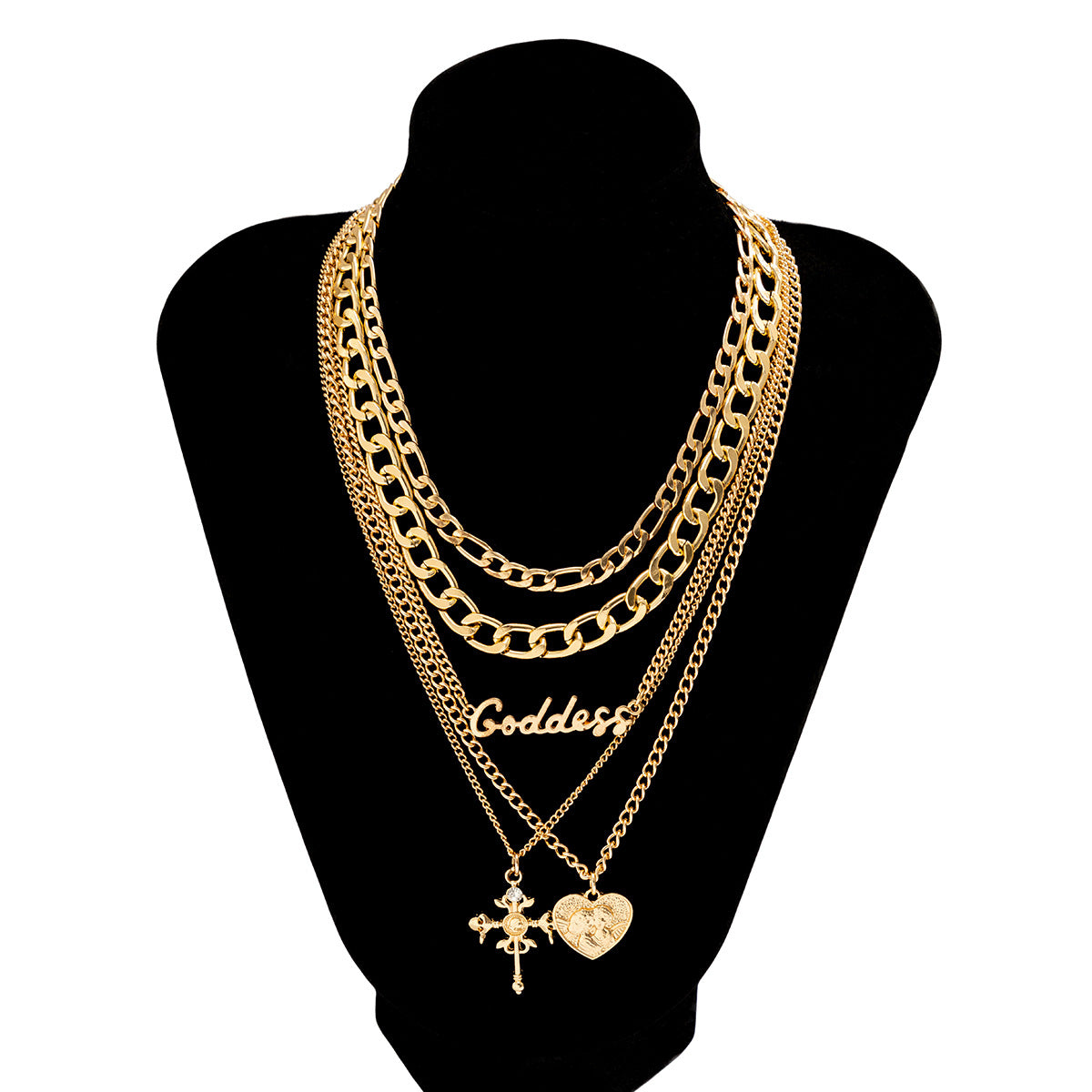 Wholesale Vintage Multi-layer Embossed Cross Portrait Necklace Letter Chain Choker Necklace ACC-NE-DN012