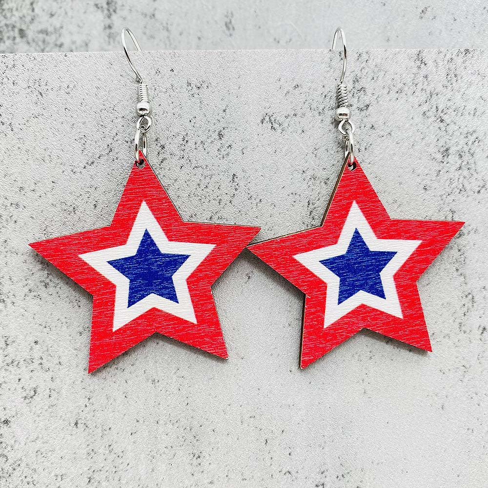Wholesale Independence Day  American Flag Eagle Round Five-pointed Star Printed Wooden Earrings