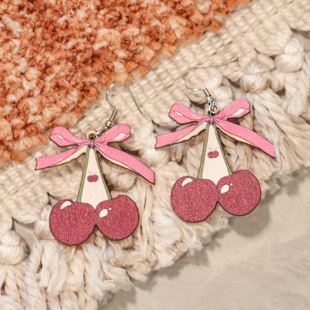 Wholesale Valentine's Day Bow Cherry Cartoon Wooden Earrings