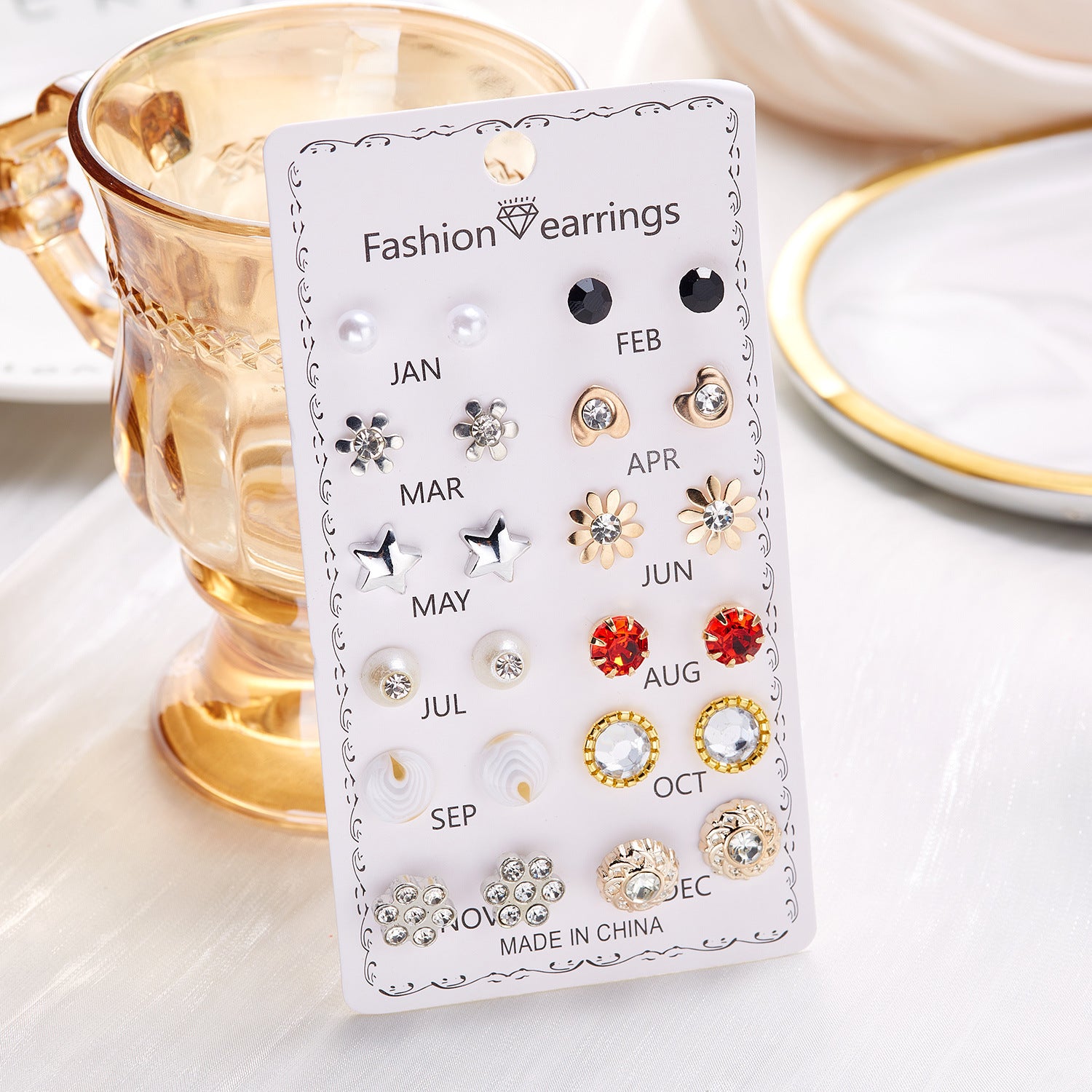Wholesale 12 Pairs of Flower-encrusted Diamond Combination Clip-on Earrings Set Ear Studs ACC-ES-Chuya001