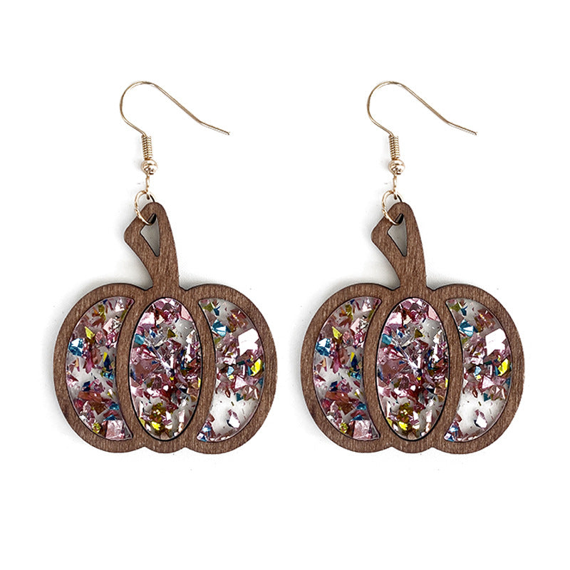 Wholesale Halloween Pumpkin Wood Inlay Acrylic Hollow Earrings ACC-ES-XinChuan053