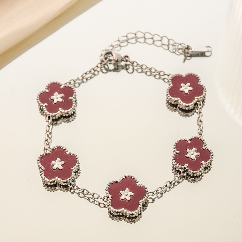 Wholesale Five Leaf Clover Floral Design Stainless Steel Bracelet Stylish Everyday Jewelry Accessory Boutique Resale Gift