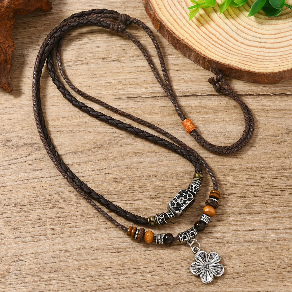 Wholesale PU leather vintage floral double-layered necklace