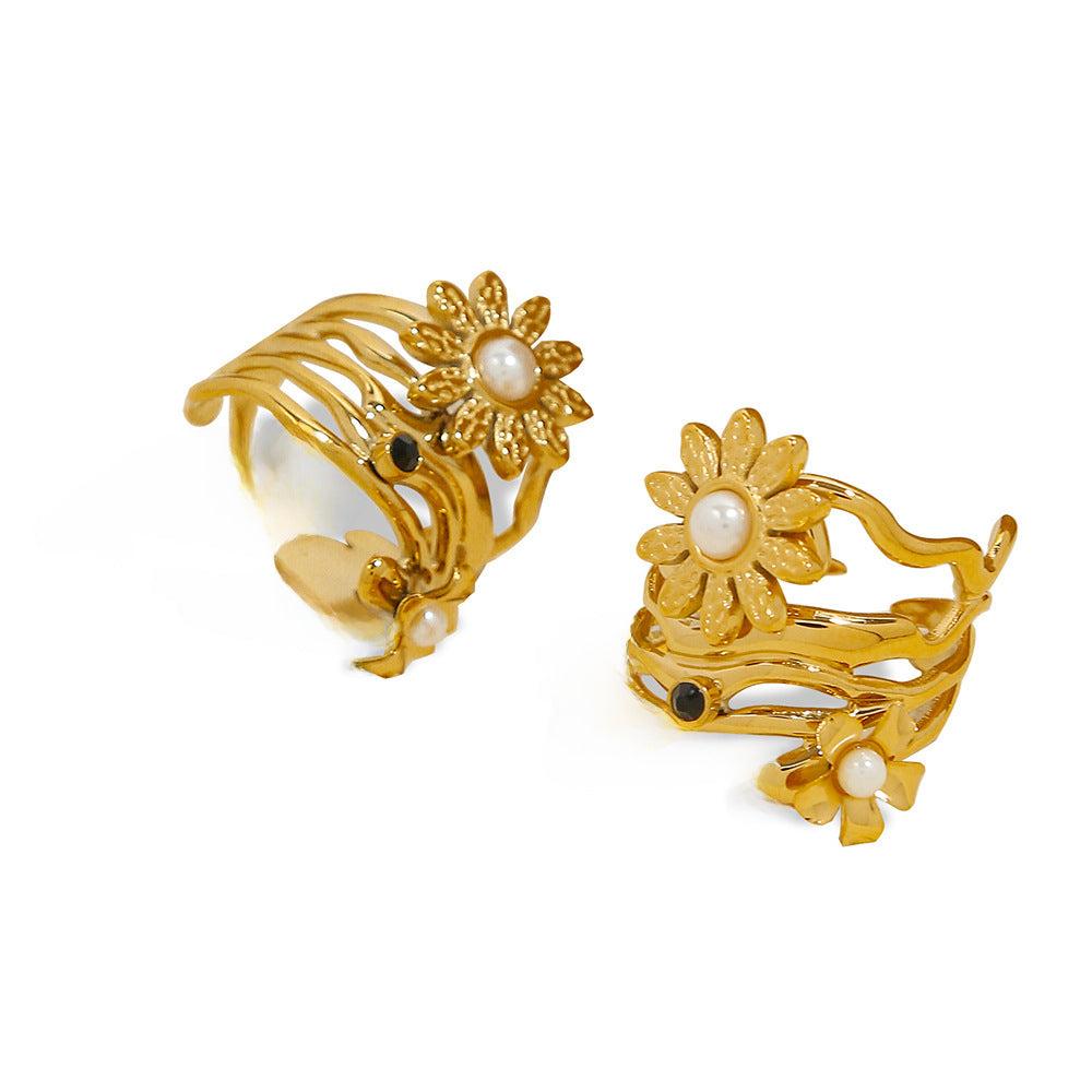 Wholesale Pearl Sunflower Titanium Steel Open Ring