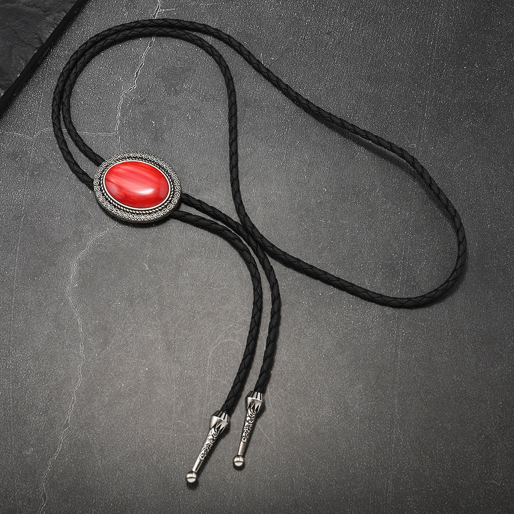Wholesale Trendy Black Leather Bolo Tie Necklace Agate Gemstone Pendant Fashion Accessory