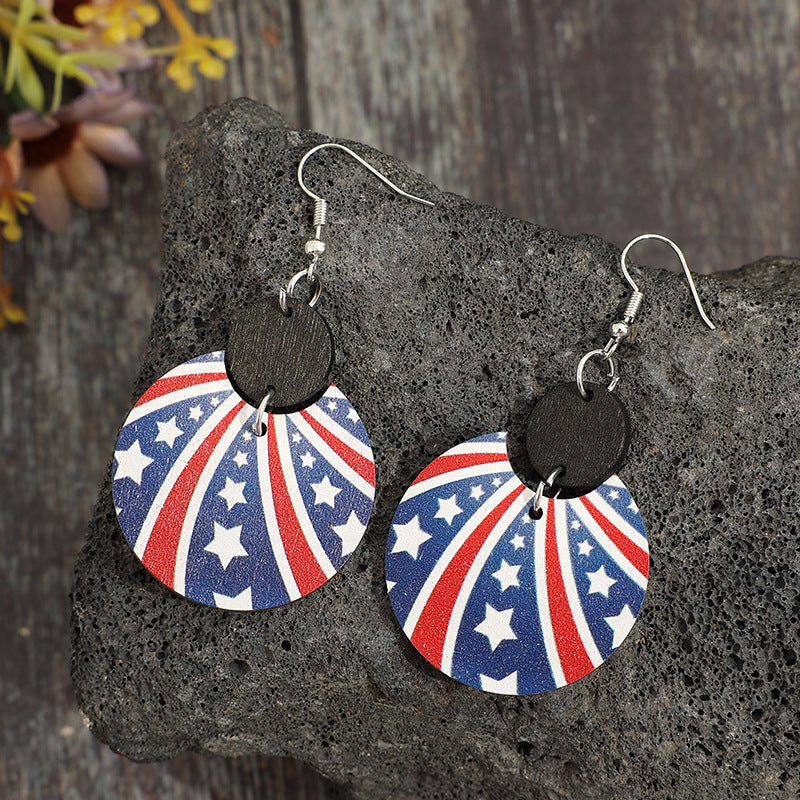 Wholesale Vintage American Independence Day Half Circle Printed Five-Pointed Star Stripe Earrings