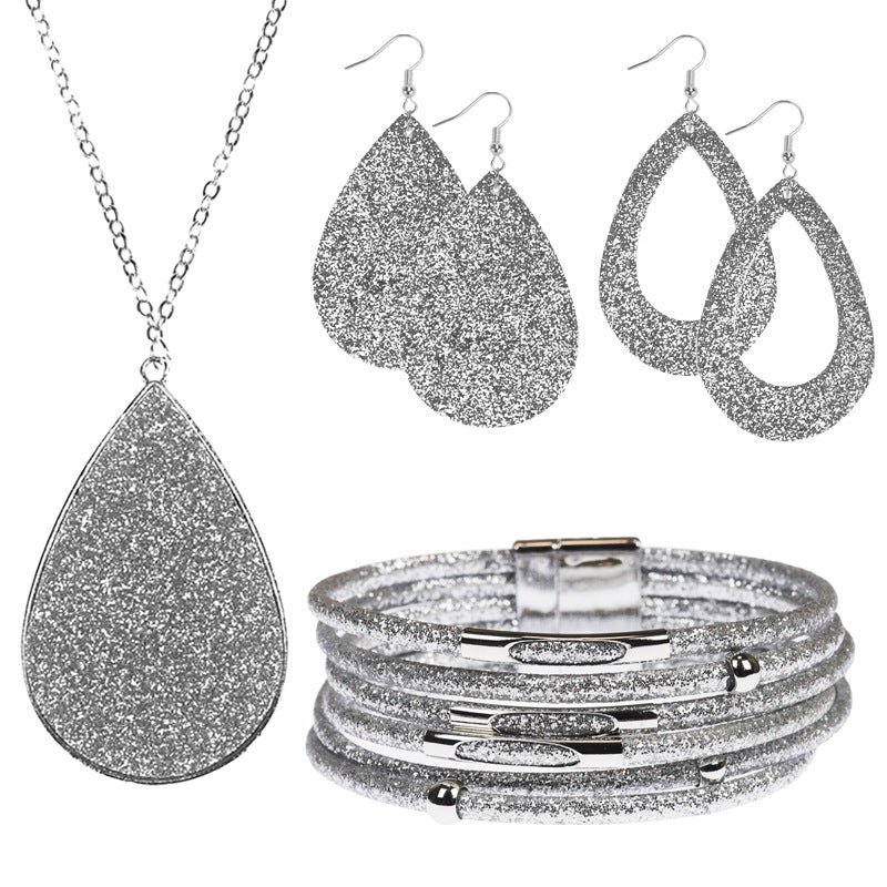 Wholesale Four-Piece Jewelry Set  Multi-Color Sequin Alloy Necklace Pu Leather Earrings Magnetic Bracelet