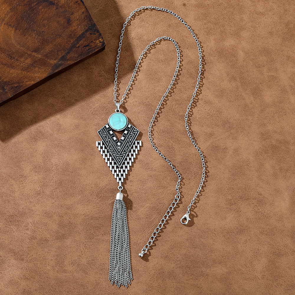 Wholesale European and American Foreign Trade Multi-Color Turquoise Fashionable Tassel Geometric Necklace Retro Ethnic Style Versatile Daily Accessories