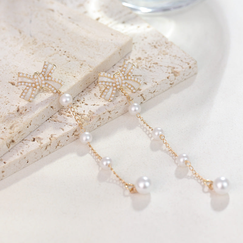 Wholesale Pearl Tassel Bow S925 Silver Needle Alloy Earrings ACC-ES-RuLong006