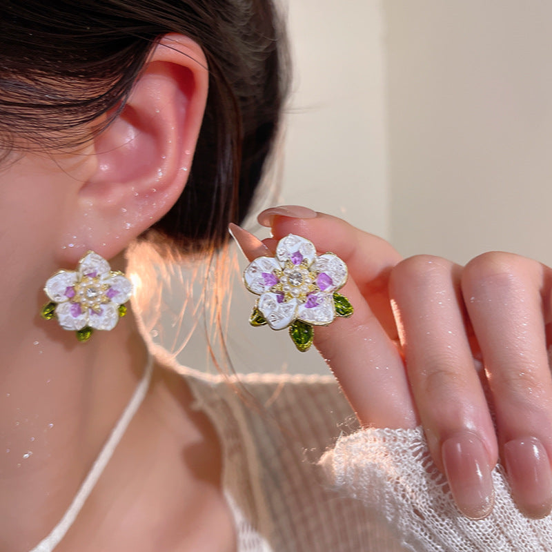 Wholesale Retro Pink Purple Camellia Ear Studs Earrings