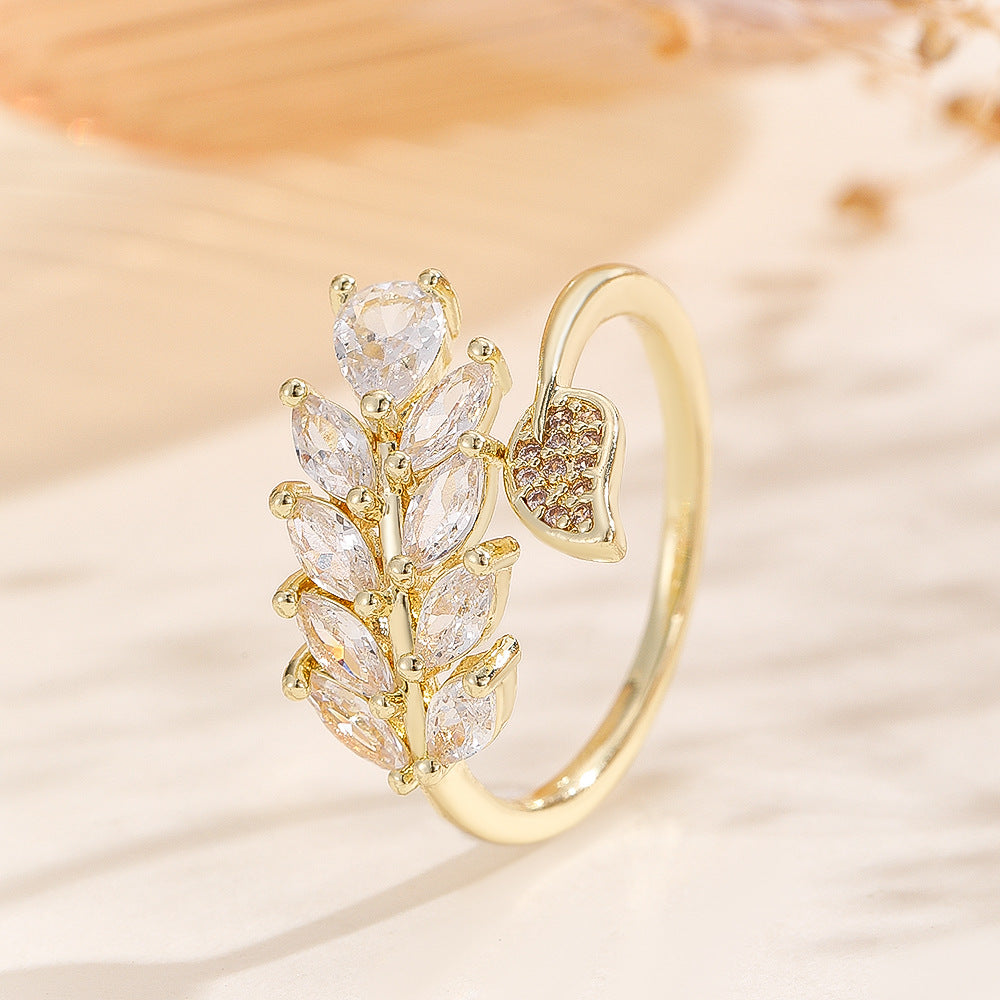 Wholesale Gold Copper Zircon Leaf Open Ring Fashion Jewelry Accessory Gift For Women