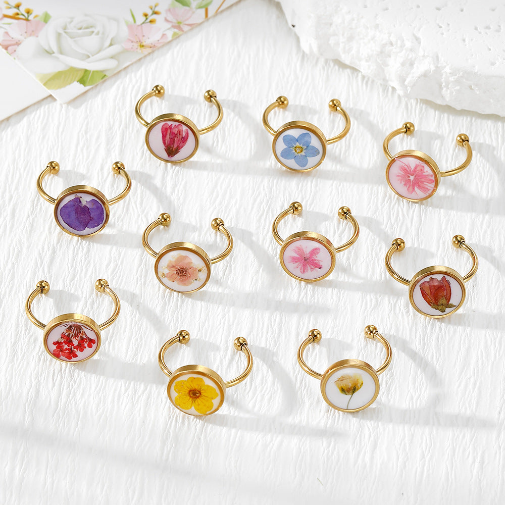 Wholesale Chic Adjustable Stainless Steel Ring With Dried Flower Boutique Resale Jewelry Accessory
