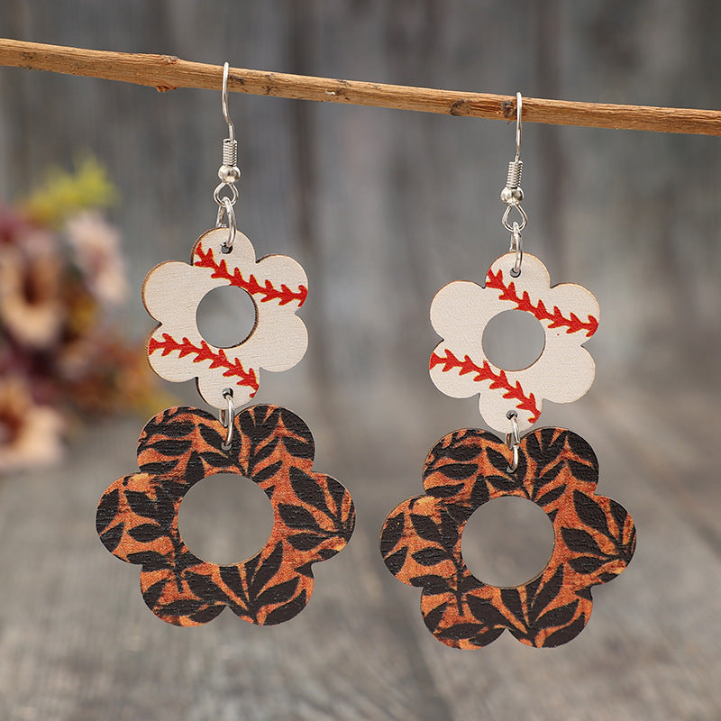 Wholesale Sports style hollow flower print leaf cow pattern retro earrings