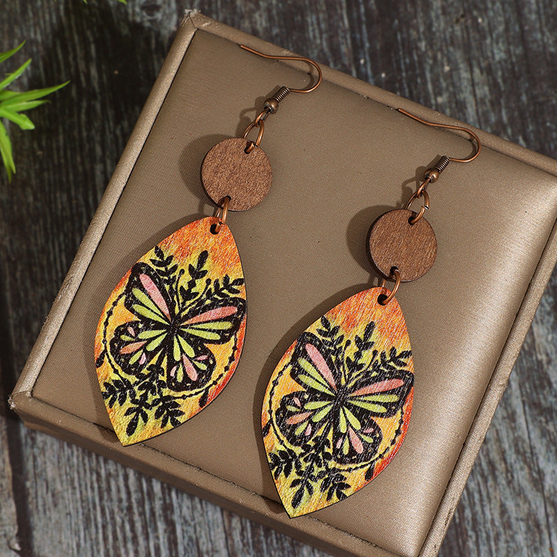 Wholesale Retro Bohemian Butterfly Print Wooden Earrings Fashion Jewelry Accessory