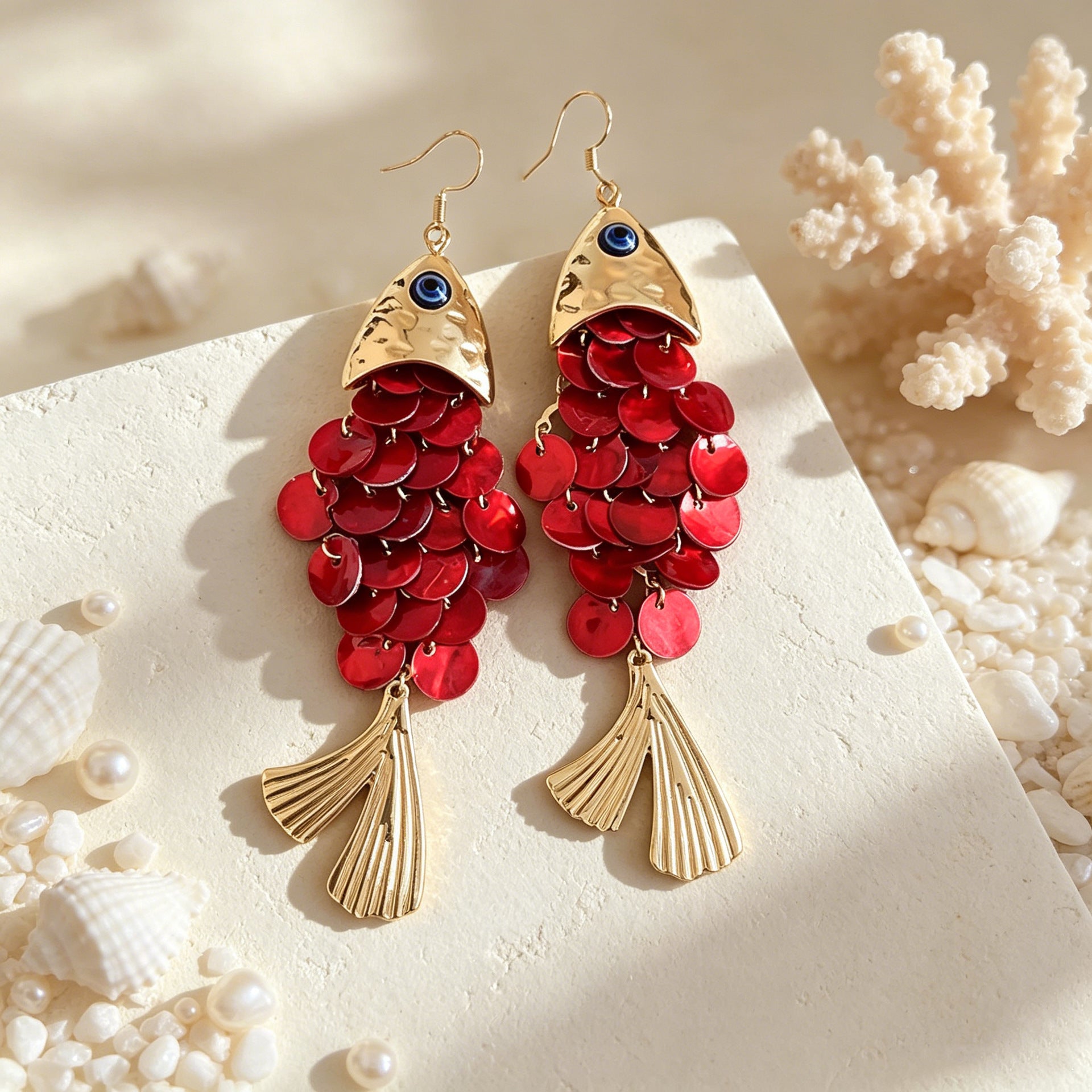 Wholesale Zinc Alloy Devil' s Eye Shell Fish Earrings - Retro Holiday Long Tassel Earrings for Resale Fashion Accessory