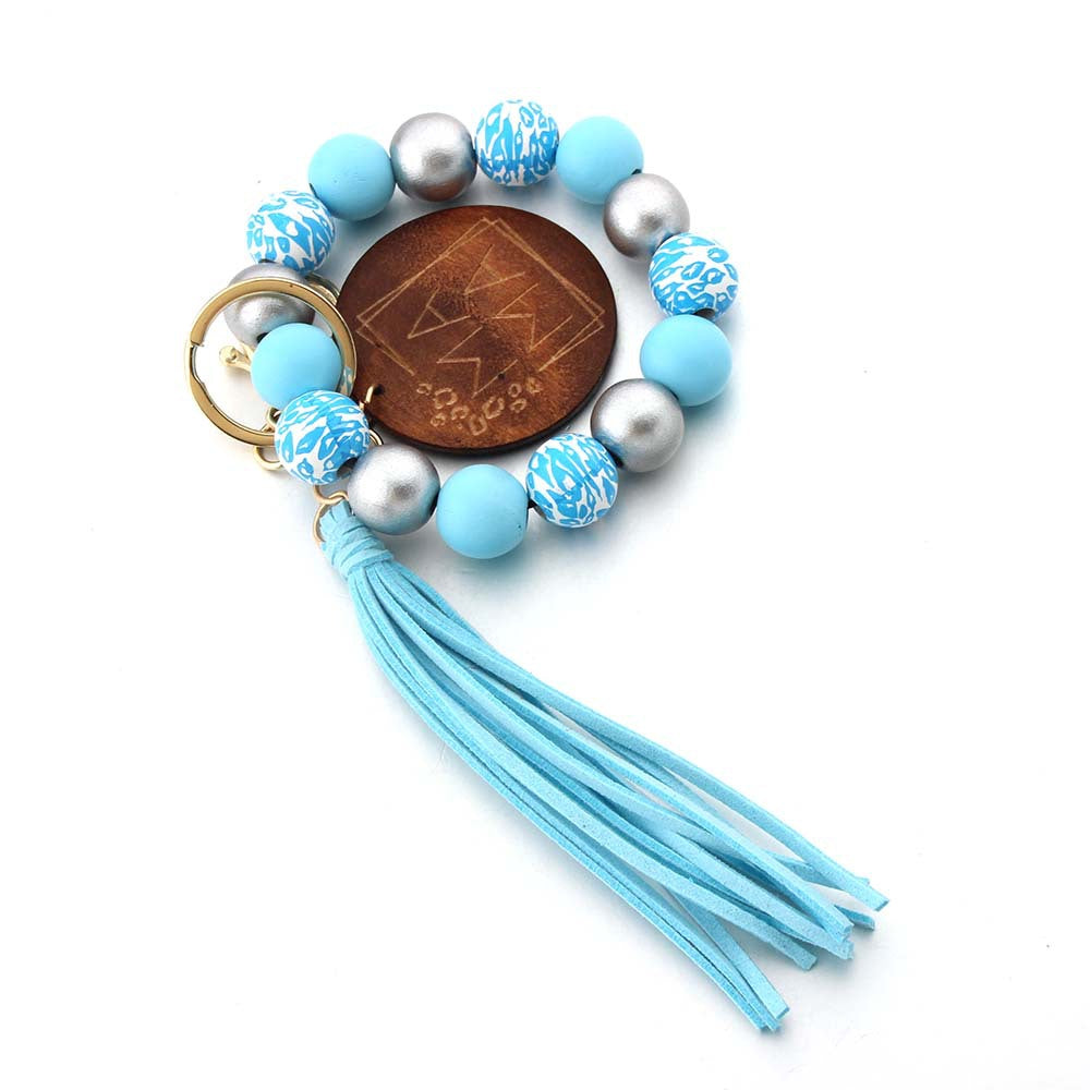 Wholesale Leopard Print MAMA Mother's Day Wooden Beads Beaded Keychain Wristlet Keychain ACC-KC-JinAn010