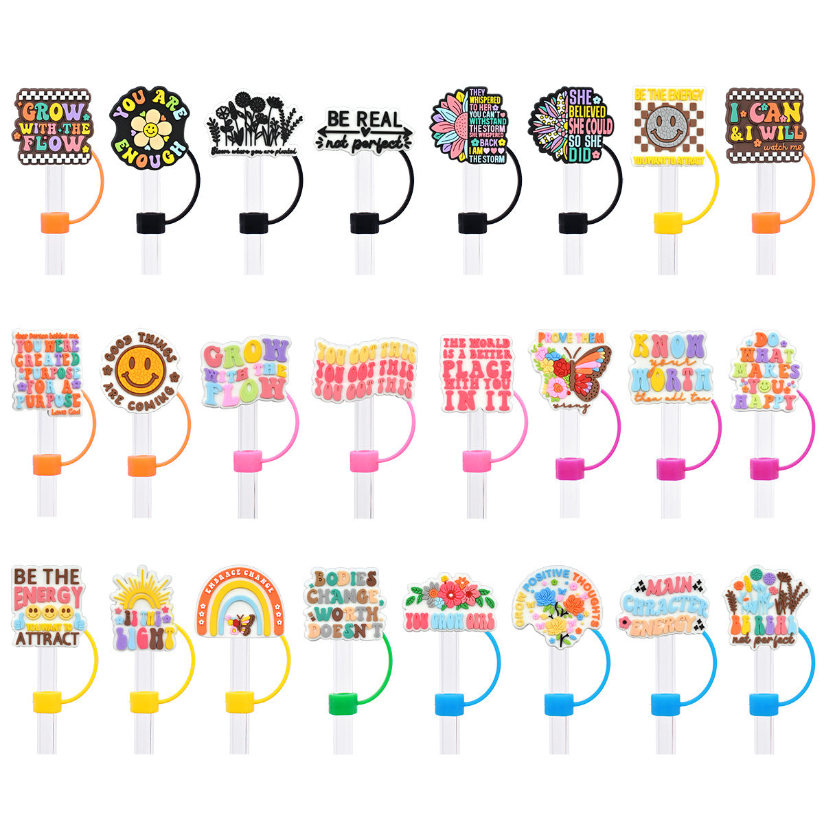 Wholesale Random 100pcs 10mm Straw Tube Cap Rainbow Smiling Face Phrase PVC Soft Rubber Straw Stoppers ACC-SCR-RYY014
