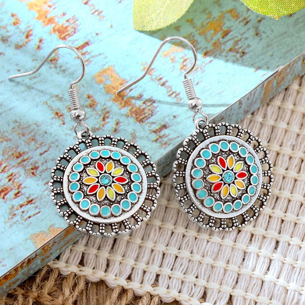 Wholesale Alloy Retro Ethnic Turquoise Bohemian Geometric Oil Drip Earrings Jewelry Accessory