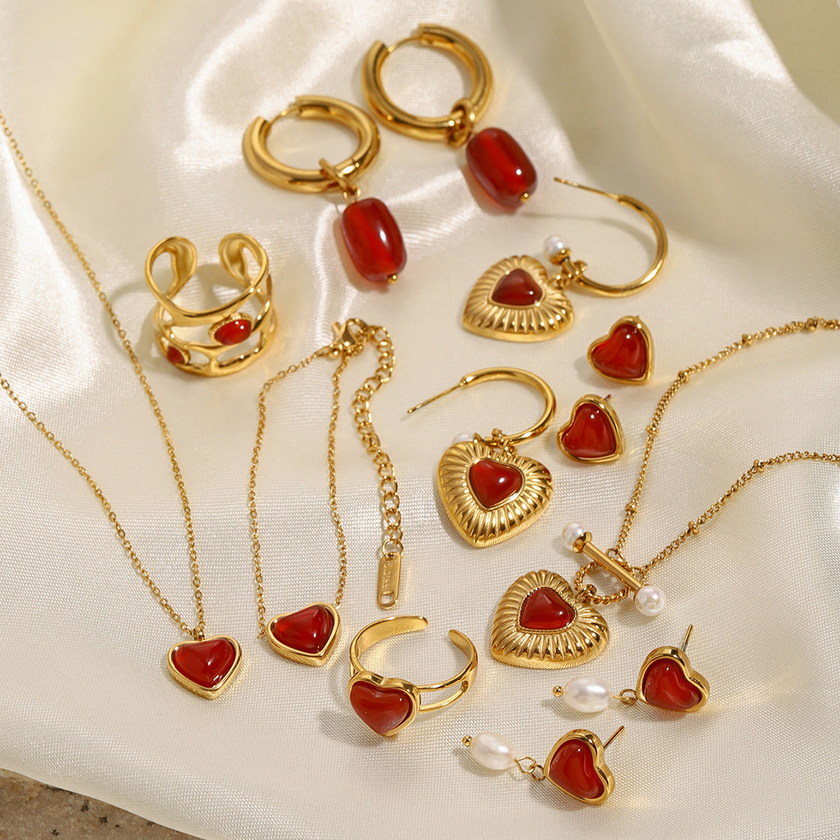 Wholesale 18k gold stainless steel red agate heart earrings rings necklace