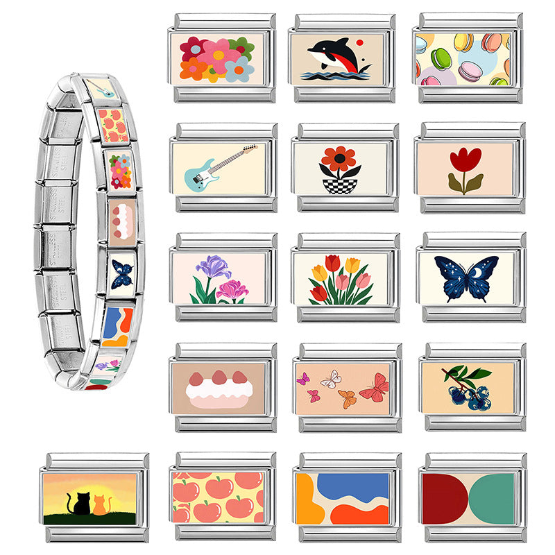 Wholesale DIY Creative Patchwork Floral Butterfly Guitar Modular Bracelet Stainless Steel Jewelry Accessory