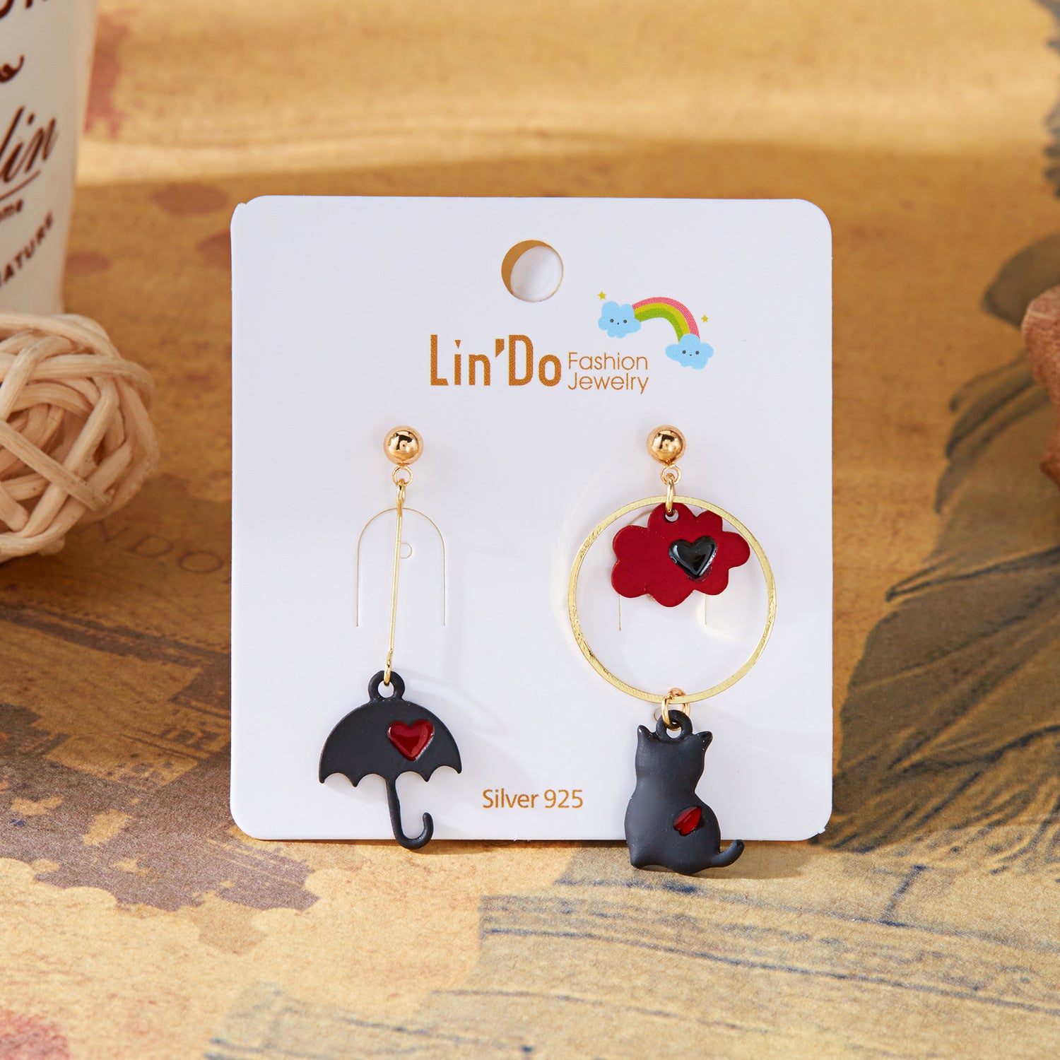 Wholesale Oil-dripped cat flower asymmetrical earrings