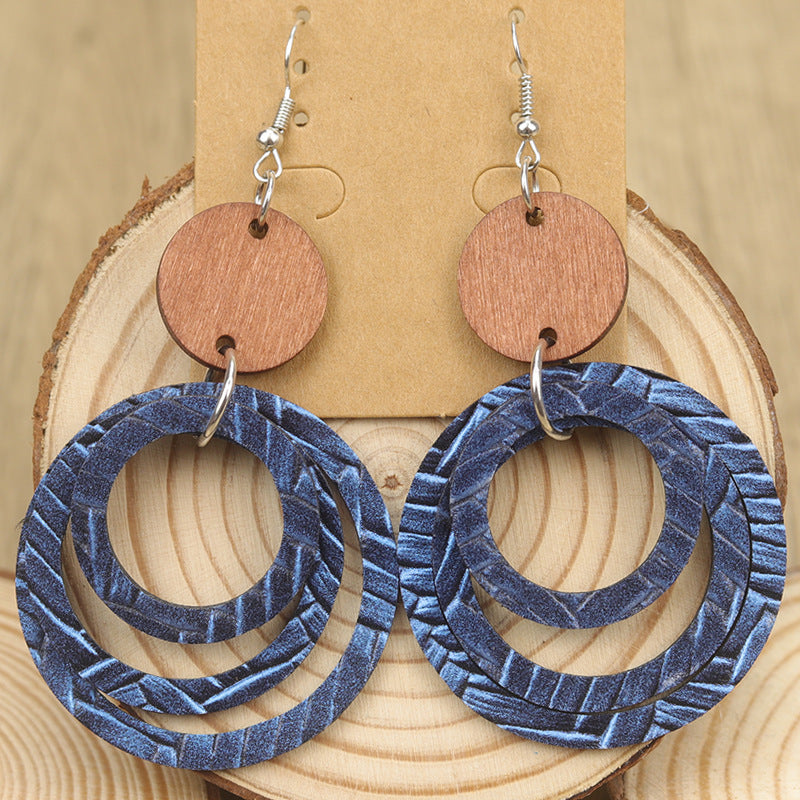 Wholesale Bohemian Style Multi-Layered Leather Ring Retro Splicing Small Wood  Earrings