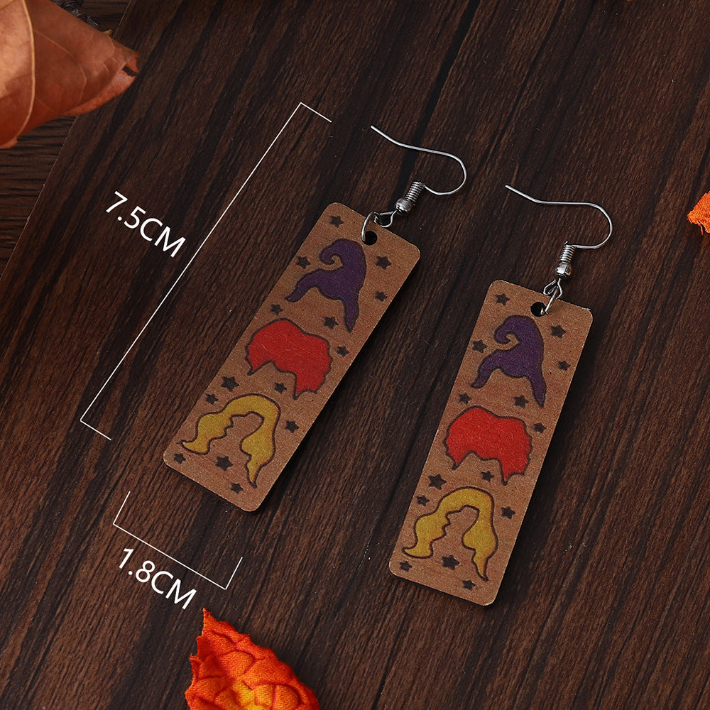 Wholesal  Red Black and Yellow Witch Head Pendant Women' s Wooden Double-Sided Earrings