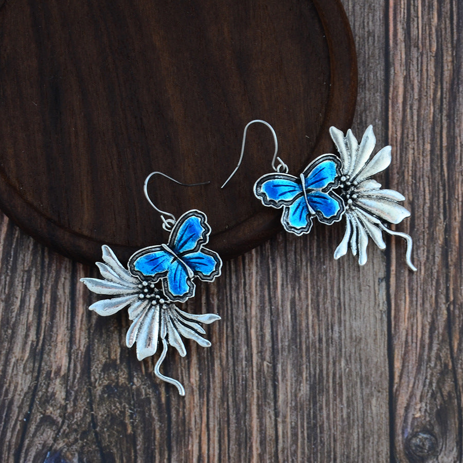 Wholesale  Fashion New Blue Ancient Silver Pendant Butterfly Earrings