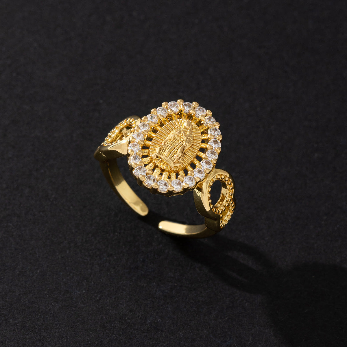 Wholesale Copper Zircon Virgin Mary Adjustable Couple Ring Electroplated Fashion Jewelry