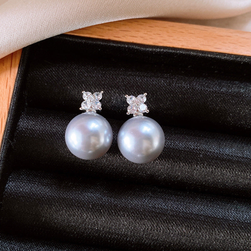 Wholesale Real Gold  Silver Needle Zircon Flower Pearl Earrings