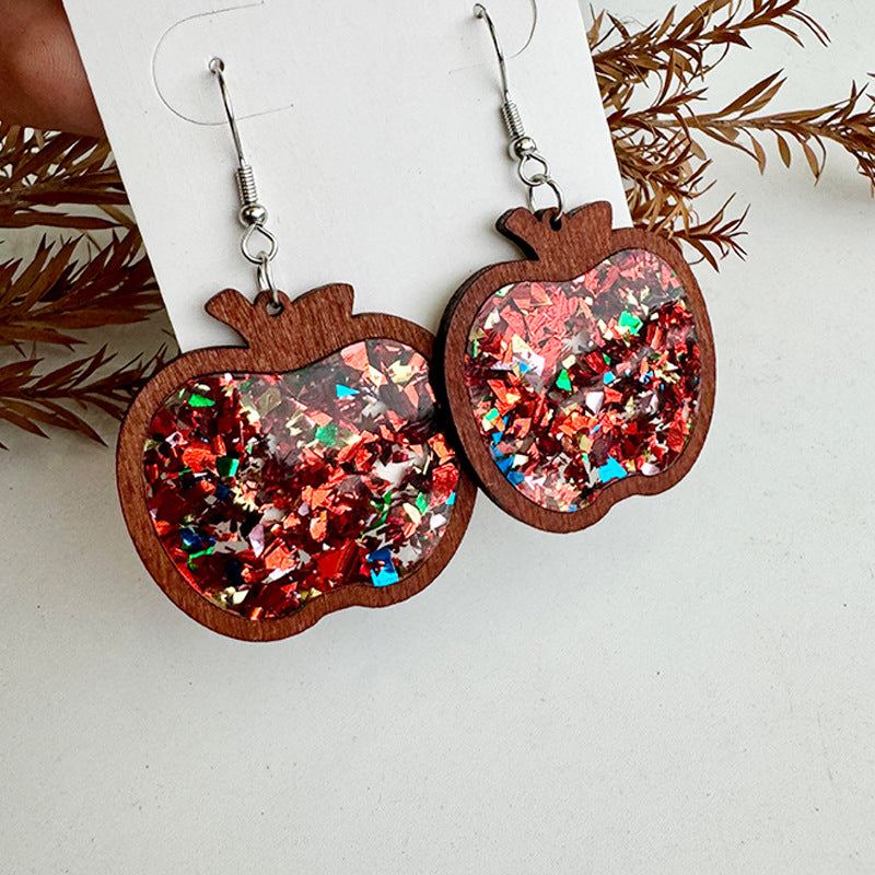 Wholesale Wood Frame Inlaid Acrylic Glitter Apple Earrings ACC-ES-XinChuan054