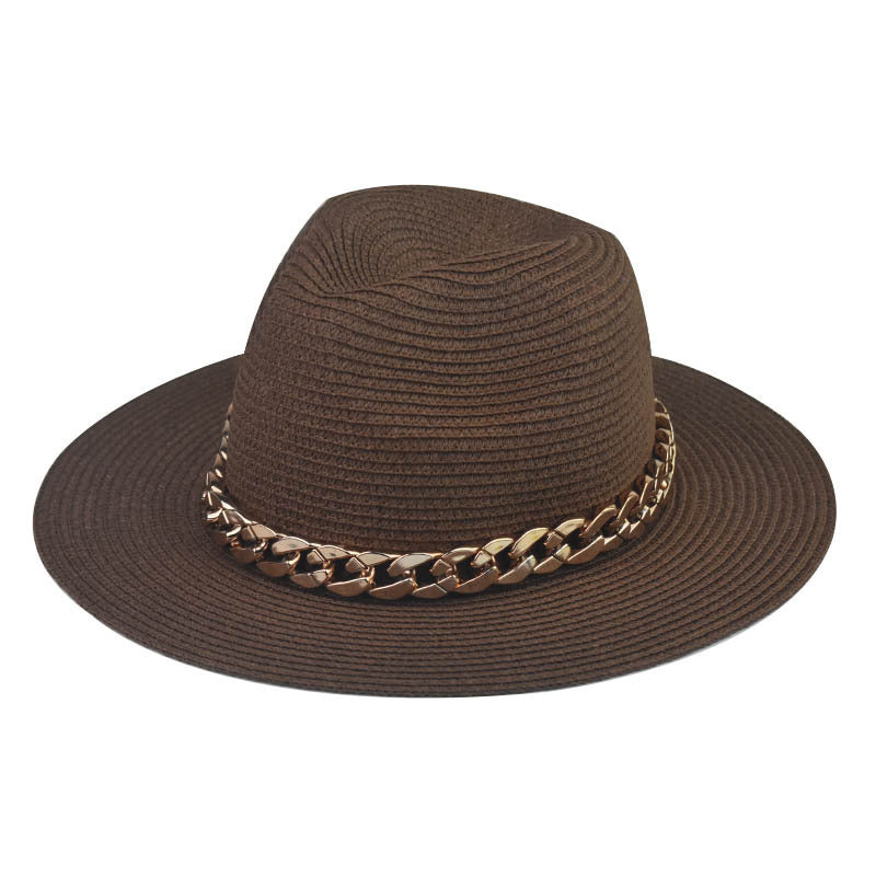 Wholesale Trendy Wide Brim Straw Hat With Gold Chain Decoration Flat Top Khaki Sun Hat For Summer Casual Wear
