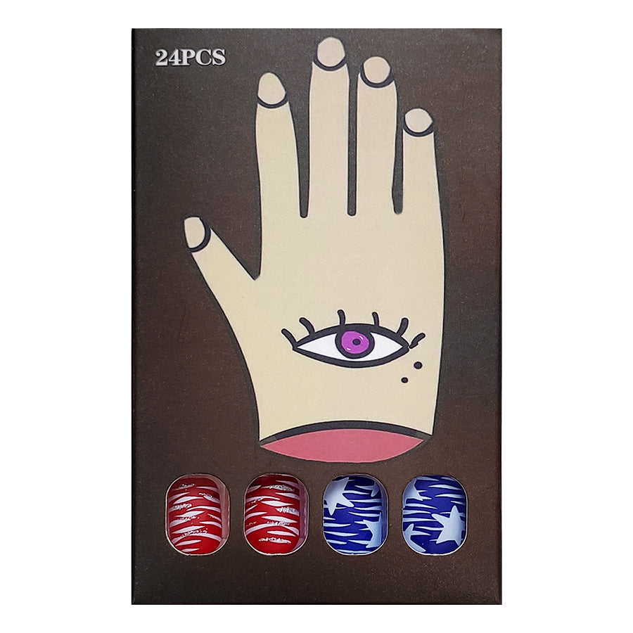 Wholesale 24 Pieces/box American Independence Day Short Striped Five-pointed Star Manicure Press-on Nails Kits Nail Stickers ACC-NS-GuaiXL035