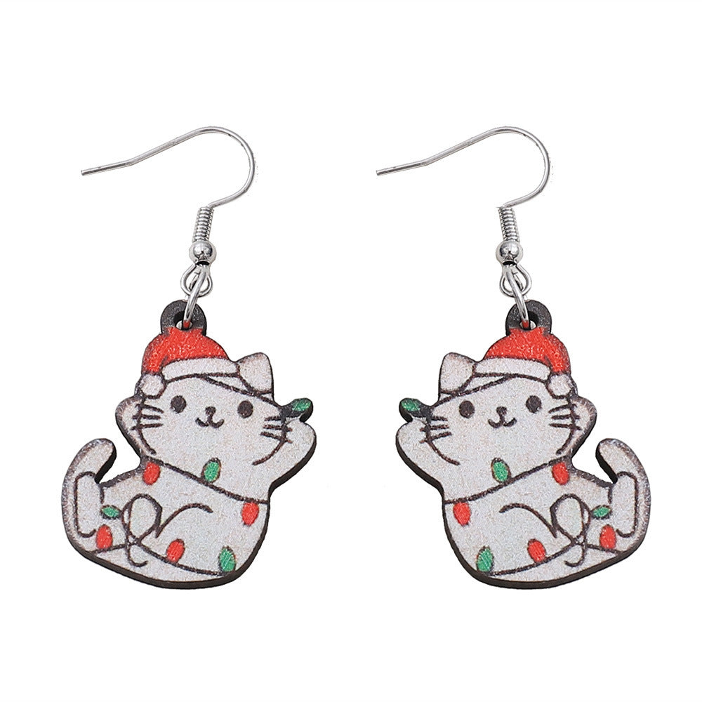 Wholesale Christmas lights cat pendant wearing a Santa hat wooden double-sided earrings